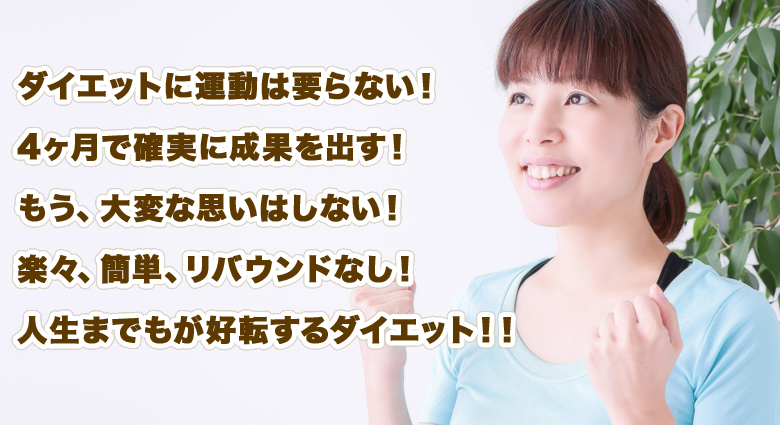 ダイエットに運動は要らない！4ヶ月で確実に成果を出す！もう、大変な思いはしない！楽々、簡単、リバウンドなし！人生までもが好転するダイエット！！