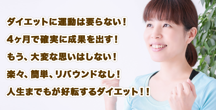 ダイエットに運動は要らない！4ヶ月で確実に成果を出す！もう、大変な思いはしない！楽々、簡単、リバウンドなし！人生までもが好転するダイエット！！