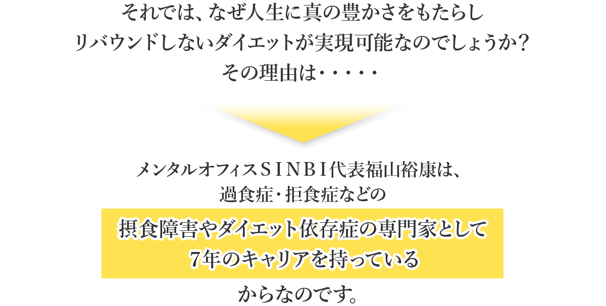 それでは、なぜ人生に真の豊かさをもたらしリバウンドしないダイエットが実現可能なのでしょうか？その理由は・・・・・　メンタルオフィスSINBI代表福山裕康は、過食症・拒食症などの摂食障害やダイエット依存症の専門家として7年のキャリアを持っているからなのです。