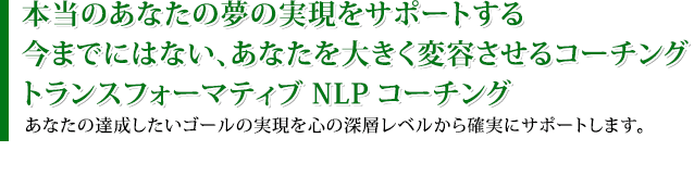 今までにはない、あなたを大きく変容させるコーチングトランスフォーマティブNLPコーチング。あなたの達成したいゴールの実現を心の深層レベルから確実にサポートします。